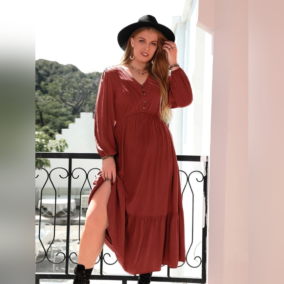 Dresses & Skirts - Plus Size Quarter Button V-Neck Long Sleeve Rust Color Dress